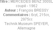 Titre : MERCEDES BENZ 300SL coupé - 1962
Auteur : François BRESSY
Commentaires : 6cyl, 215cv, 297...