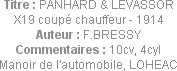 Titre : PANHARD & LEVASSOR X19 coupé chauffeur - 1914
Auteur : F.BRESSY
Commentaires : 10cv, 4cyl...