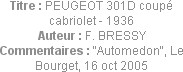 Titre : PEUGEOT 301D coupé cabriolet - 1936
Auteur : F. BRESSY
Commentaires : "Automedon", Le Bou...