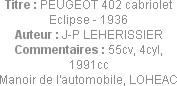Titre : PEUGEOT 402 cabriolet Eclipse - 1936
Auteur : J-P LEHERISSIER
Commentaires : 55cv, 4cyl, ...