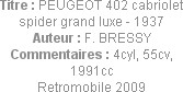 Titre : PEUGEOT 402 cabriolet spider grand luxe - 1937
Auteur : F. BRESSY
Commentaires : 4cyl, 55...