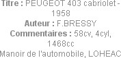Titre : PEUGEOT 403 cabriolet - 1958
Auteur : F.BRESSY
Commentaires : 58cv, 4cyl, 1468cc
Manoir ...