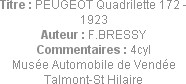 Titre : PEUGEOT Quadrilette 172 - 1923
Auteur : F.BRESSY
Commentaires : 4cyl
Musée Automobile de...
