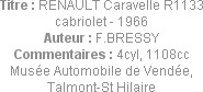 Titre : RENAULT Caravelle R1133 cabriolet - 1966
Auteur : F.BRESSY
Commentaires : 4cyl, 1108cc
M...