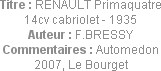 Titre : RENAULT Primaquatre 14cv cabriolet - 1935
Auteur : F.BRESSY
Commentaires : Automedon 2007...