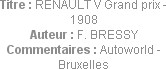 Titre : RENAULT V Grand prix - 1908
Auteur : F. BRESSY
Commentaires : Autoworld - Bruxelles