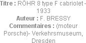Titre : RÖHR 8 type F cabriolet - 1933
Auteur : F. BRESSY
Commentaires : (moteur Porsche)- Verkeh...