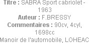 Titre : SABRA Sport cabriolet - 1963
Auteur : F.BRESSY
Commentaires : 90cv, 4cyl, 1698cc
Manoir ...