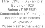 Titre : CIME (F) A2 cabriolet Bordino - 1929
Auteur : F BRESSY
Commentaires : "Compagnie Industri...