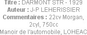 Titre : DARMONT STR - 1929
Auteur : J-P LEHERISSIER
Commentaires : 22cv Morgan, 2cyl, 750cc
Mano...