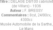 Titre : DELAGE D8/100 cabriolet (de Villars) - 1936
Auteur : F. BRESSY
Commentaires : 8cyl, 24/90...
