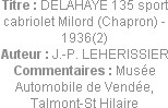 Titre : DELAHAYE 135 sport cabriolet Milord (Chapron) - 1936(2)
Auteur : J.-P. LEHERISSIER
Commen...