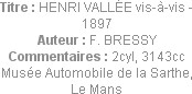 Titre : HENRI VALLÉE vis-à-vis - 1897
Auteur : F. BRESSY
Commentaires : 2cyl, 3143cc
Musée Autom...