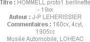 Titre : HOMMELL proto1 berlinette - 19xx
Auteur : J-P LEHERISSIER
Commentaires : 160cv, 4cyl, 190...