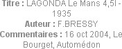 Titre : LAGONDA Le Mans 4,5l - 1935
Auteur : F.BRESSY
Commentaires : 16 oct 2004, Le Bourget, Aut...