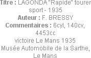 Titre : LAGONDA "Rapide" tourer sport - 1935
Auteur : F. BRESSY
Commentaires : 6cyl, 140cv, 4453c...