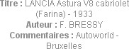 Titre : LANCIA Astura V8 cabriolet (Farina) - 1933
Auteur : F. BRESSY
Commentaires : Autoworld - ...