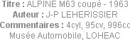 Titre : ALPINE M63 coupé - 1963
Auteur : J-P LEHERISSIER
Commentaires : 4cyl, 95cv, 996cc
Musée ...